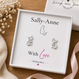 Sterling Silver Cat Stud Earrings, personalised jewellery gift for cat lovers with Cubic Zirconia Star