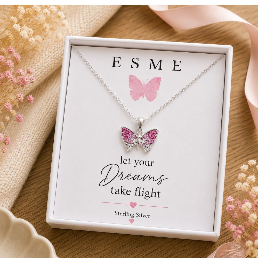 butterfly necklace sterling silver gift for girls personalised name box