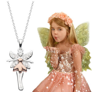 fairy necklace for children stering silver and gold and fairy girl blowing glitter