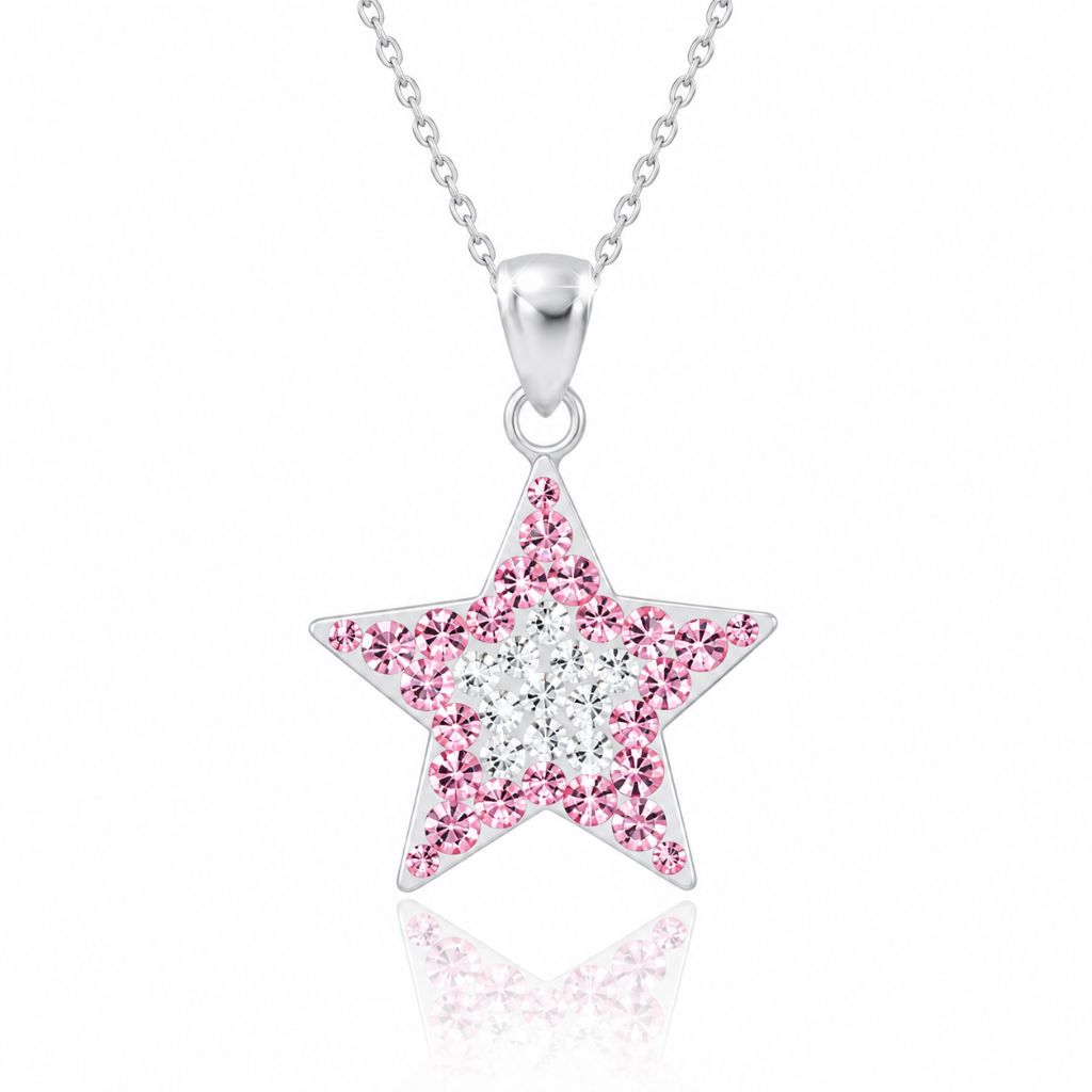 silver star necklace for girls pink and clear crystal