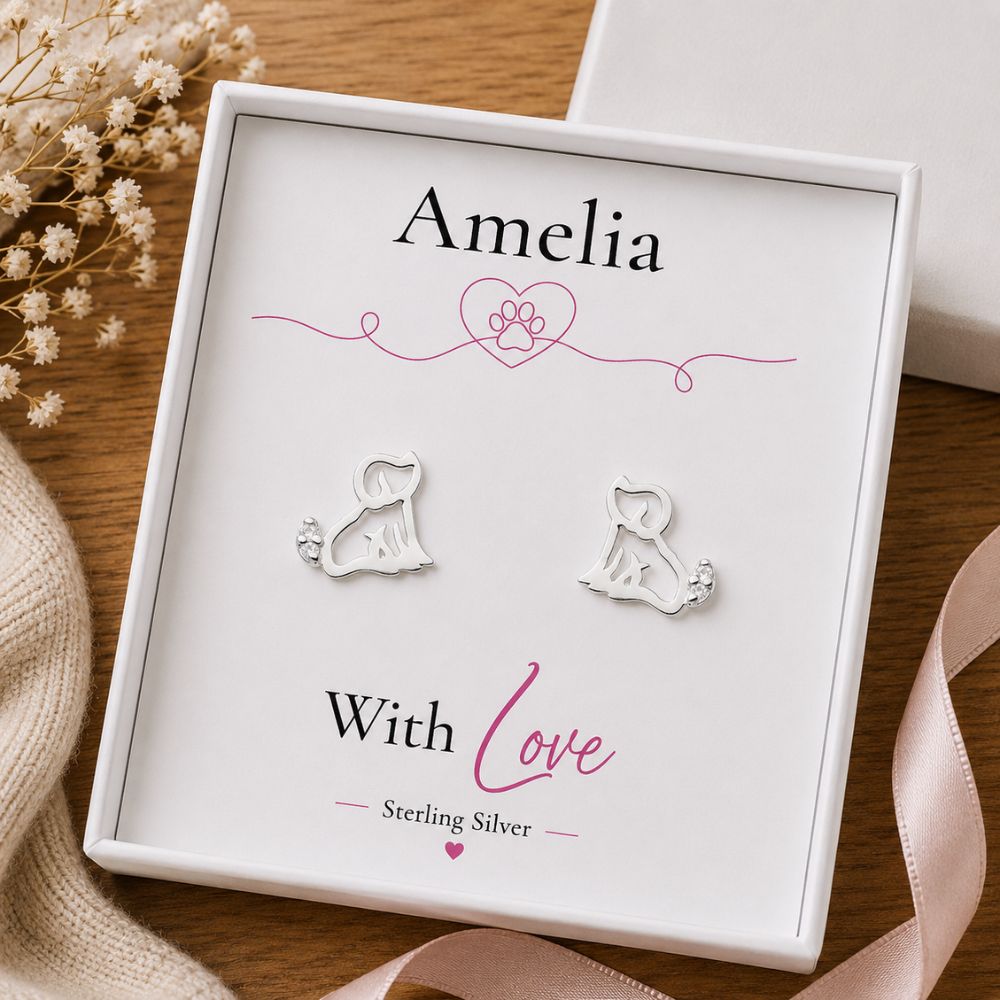 sterling silver dog puppy stud earrings cubic zirconia gift personalised name jewellery