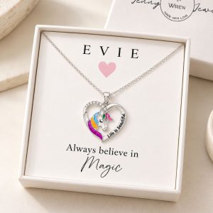 unicorn necklace gift for girls personalised with name