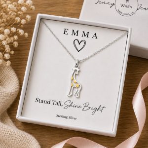 Personalised Giraffe Necklace | Well Done Gift for Her | Sterling Silver & 9ct Gold | Good Luck & Graduation Gift