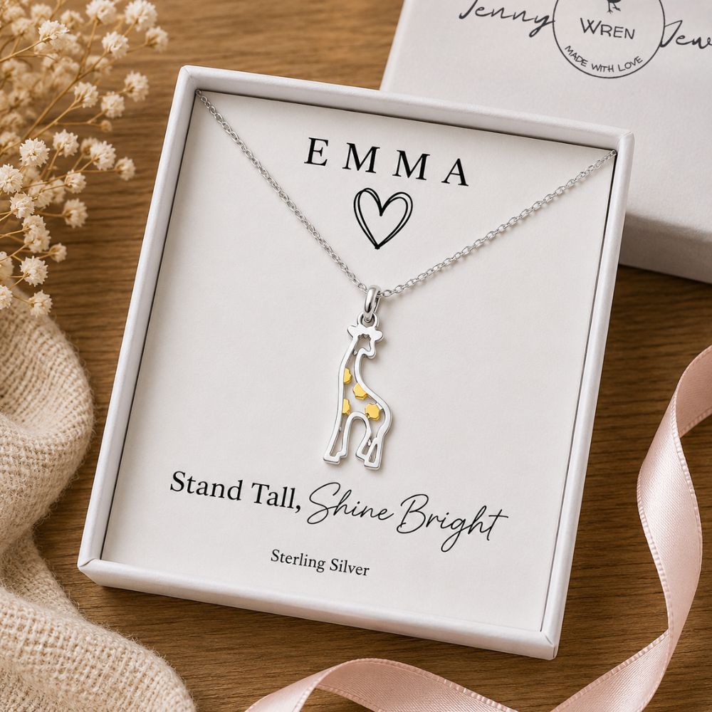 Personalised Giraffe Necklace | Well Done Gift for Her | Sterling Silver & 9ct Gold | Good Luck & Graduation Gift