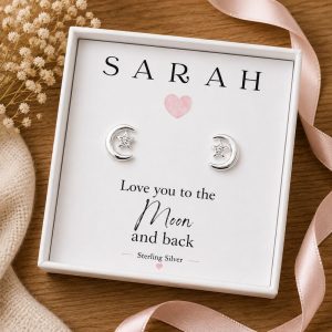 Sterling Silver Moon Star Stud Earrings Personalised Jewellery Gift for women and children Love you to the moon and back