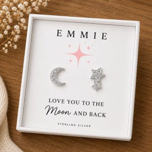 Sterling Silver Moon & Star Cubic Zirconia Stud Earrings