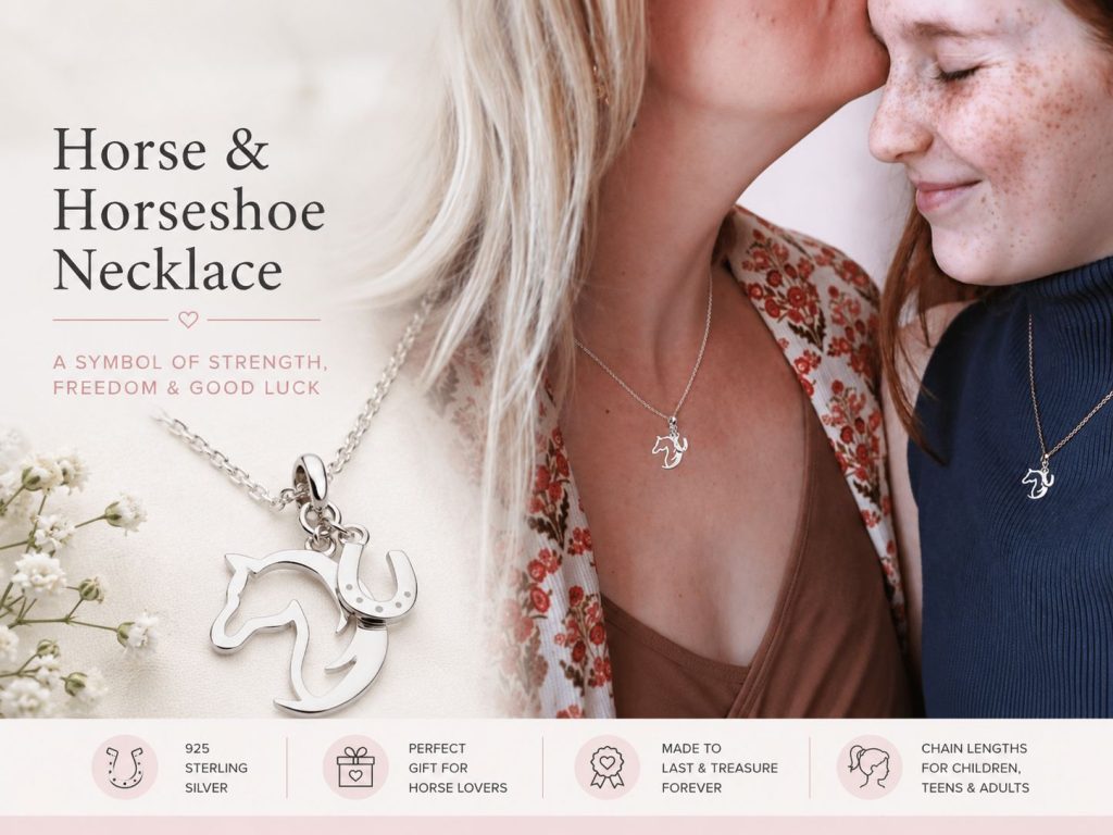 horse and horseshoe necklace in sterling silver