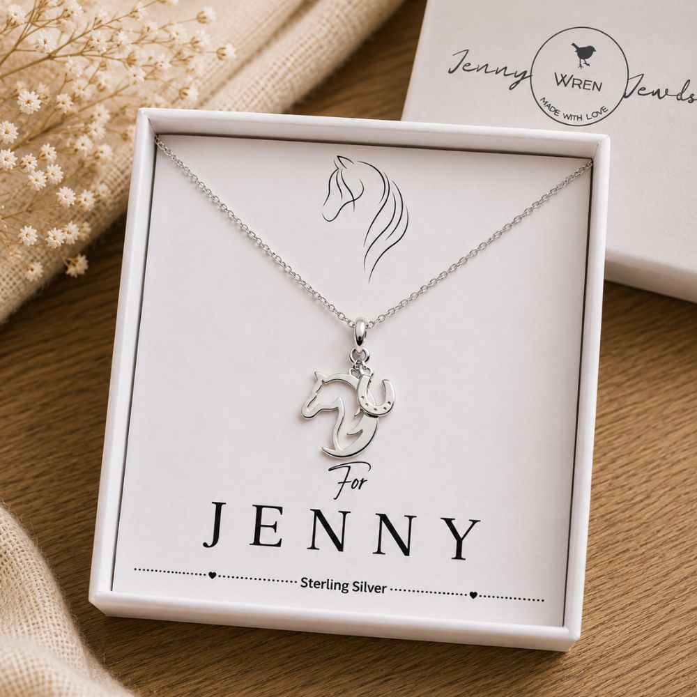 horse necklace sterling silver gift for girls personalised name box