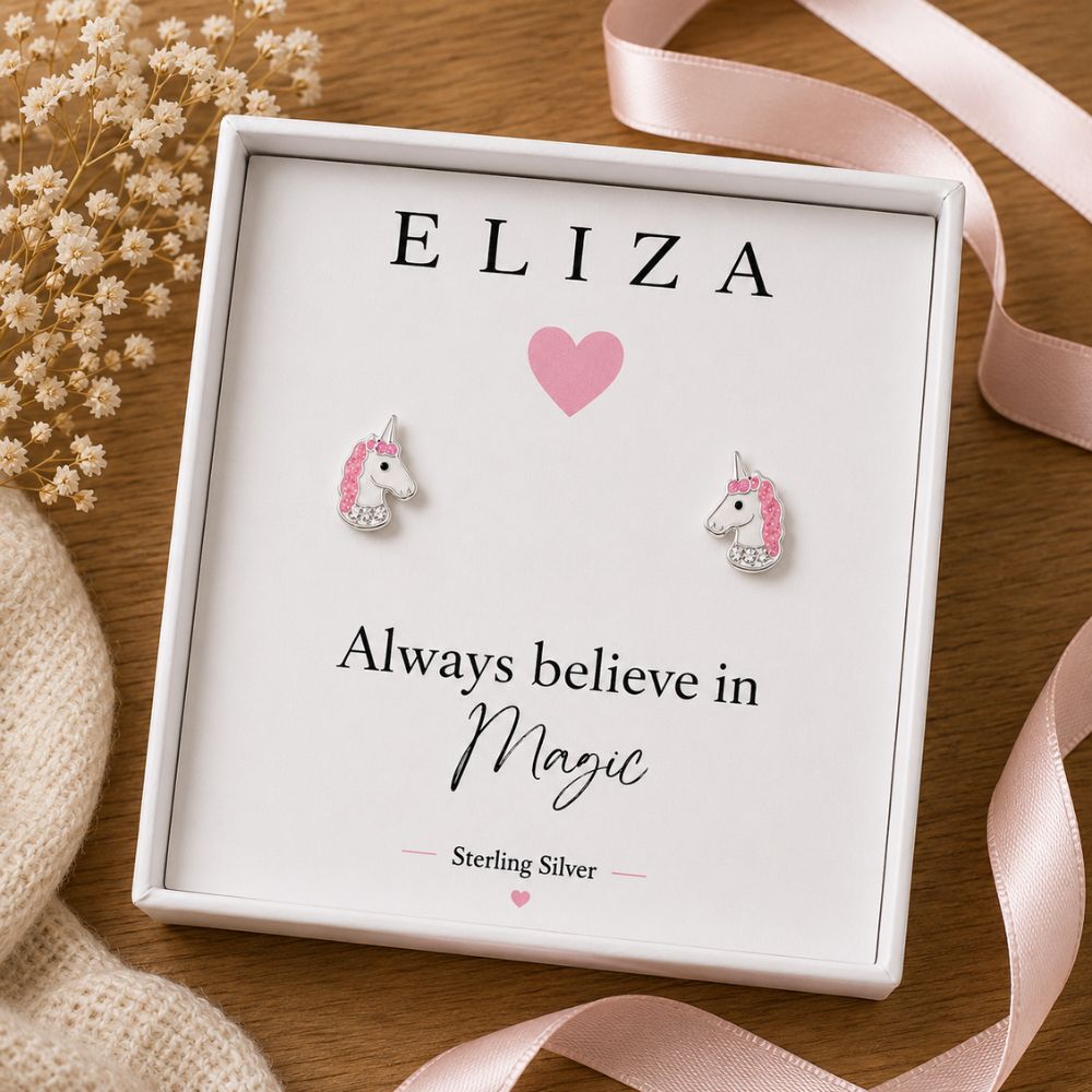 Sterling Silver Girls Unicorn Stud Earrings for children Personalised Name Jewellery gift for girls Birthday, Christmas, daughter etc