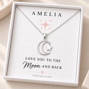 Moon and back sterling silver star necklace