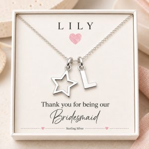 bridesmaid flower girl charm necklace initial star personalised name