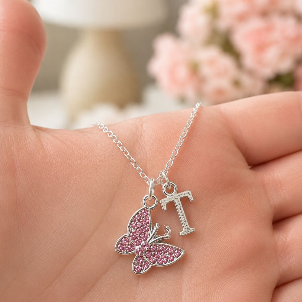 children's butterfly and initial letter necklace gift for girls custom message
