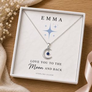 Personalised Moon Necklace with Blue Cubic Zirconia | Sterling Silver