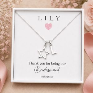 sterling silver star charm necklace bridesmaid flower girl gift initial name jewellery
