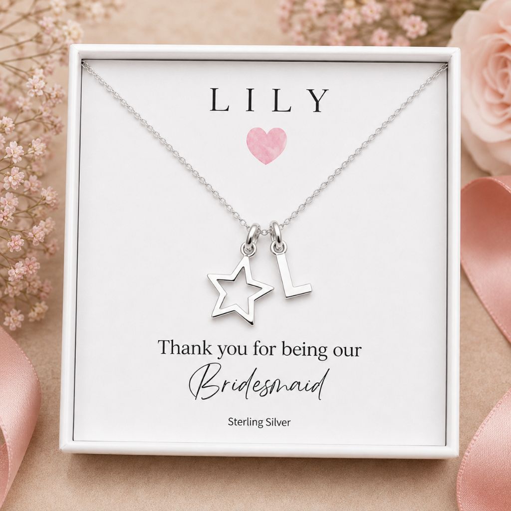 sterling silver star charm necklace bridesmaid flower girl gift initial name jewellery